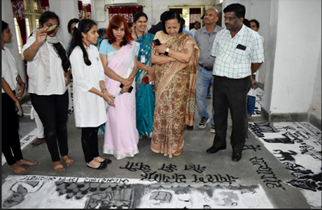 SSSSMV students display the making of Gandhi in Rangoli