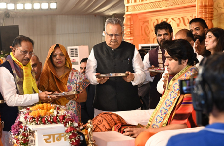 CM Sai Visits Hanumant Katha pandal with Raman Singh