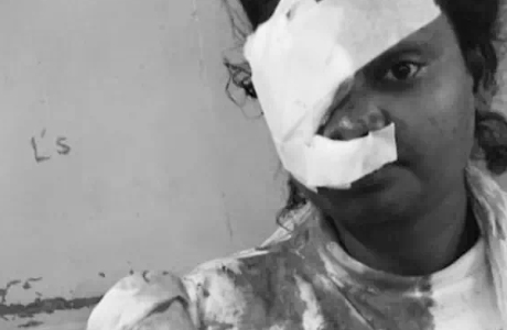 Boy hits girl on the head with wine bottle. Hugs and cries and leaves