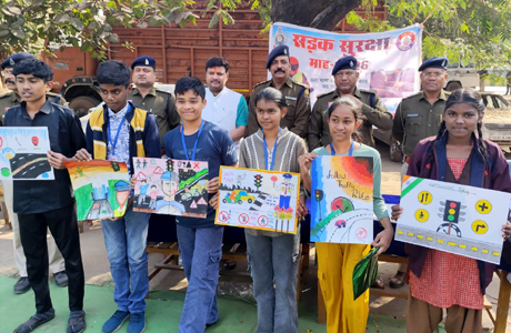 Traffic awareness drive by police. Children make drawing